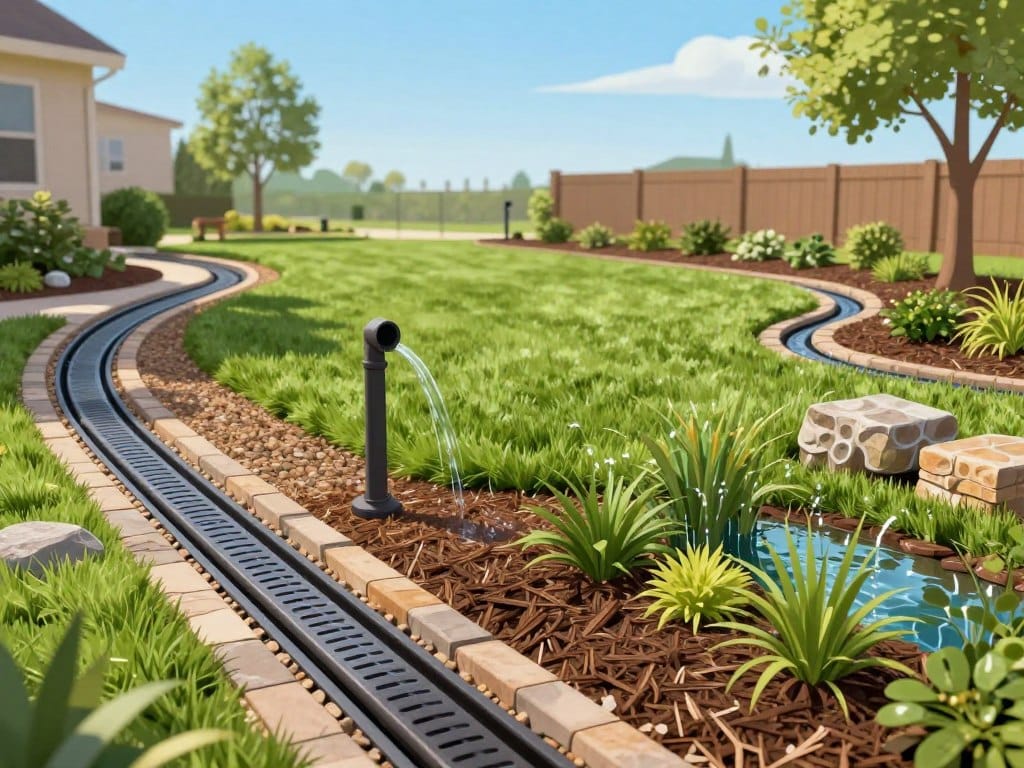 An informative and visually engaging illustration of various drainage techniques in a suburban yard. In the foreground, depict multiple types of drainage systems: a French drain with gravel and perforated pipes, a swale with gently sloping sides, and a rain garden full of native plants capturing water. In the middle, show a well-maintained lawn with strategically placed downspouts directing water away, surrounded by mulch beds and decorative stone drainage. In the background, include a clear blue sky with soft, diffused sunlight enhancing the scene. Use a wide-angle perspective to capture the entire layout, ensuring a harmonious yet functional landscape. The mood should be calm and educational, inviting viewers to explore effective yard drainage solutions.