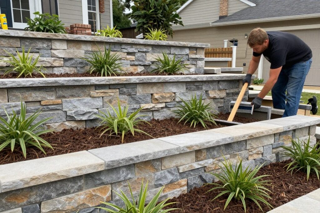 Beautiful stone retaining wall with landscaping