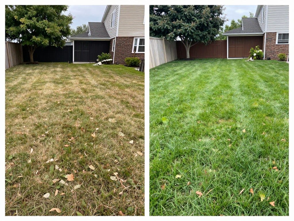 Before and after fall leaf removal comparison