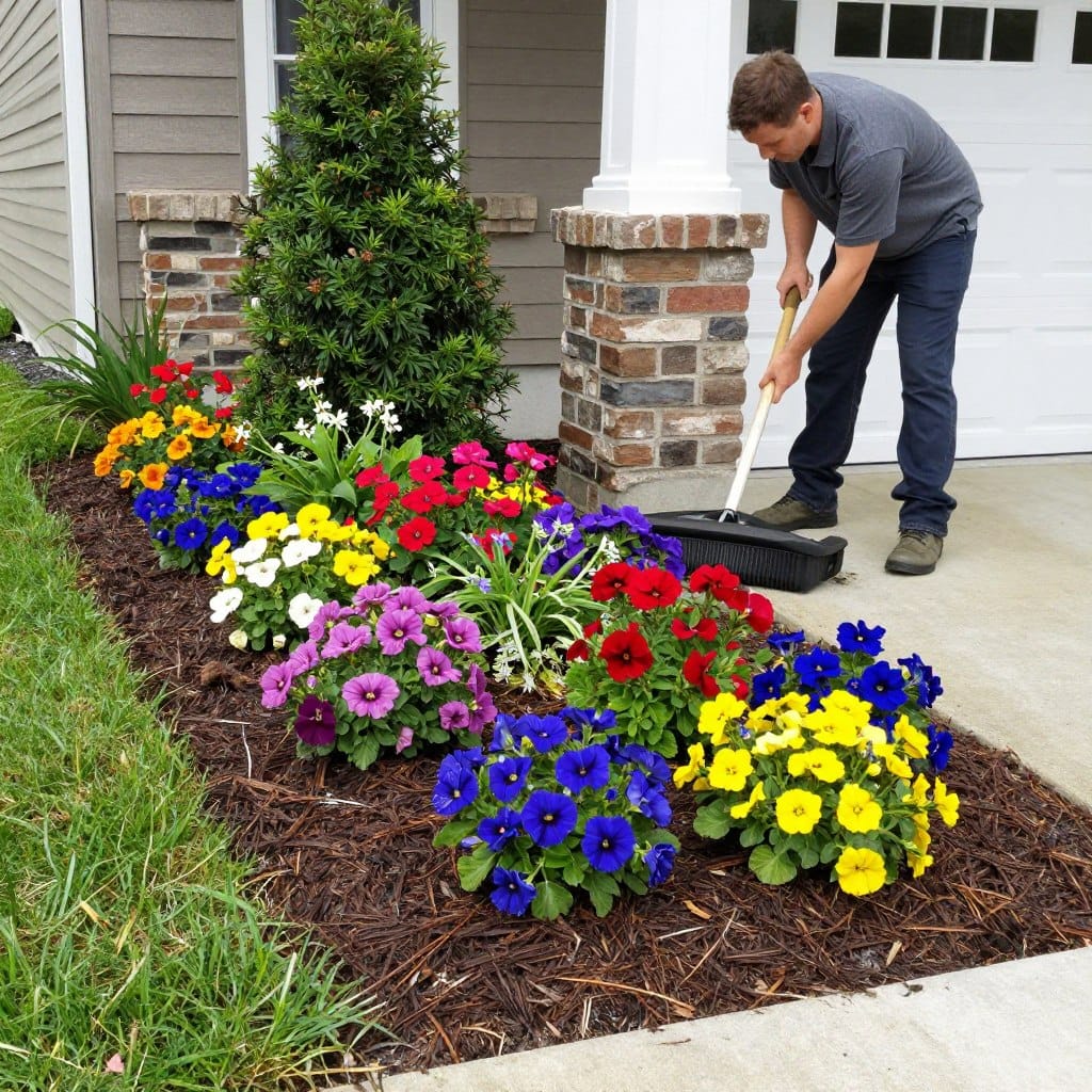 Colorful flower bed installation in front of home