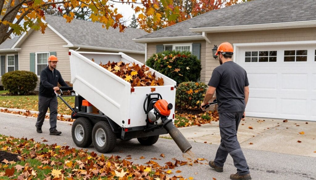 Fall leaf removal service on residential property