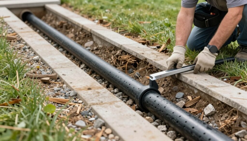 French drain installation showing proper drainage solution for yard water problems