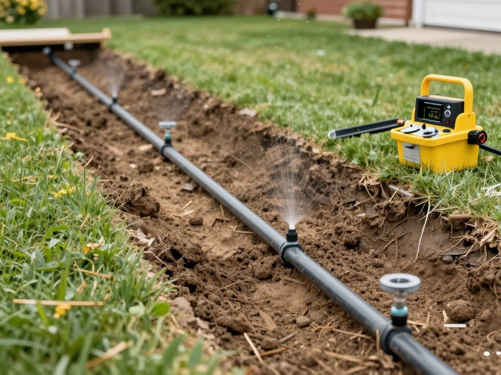 Irrigation system installation in progress showing underground pipes and equipment