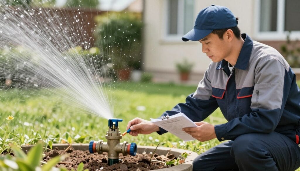 Irrigation technician performing seasonal system maintenance and inspection