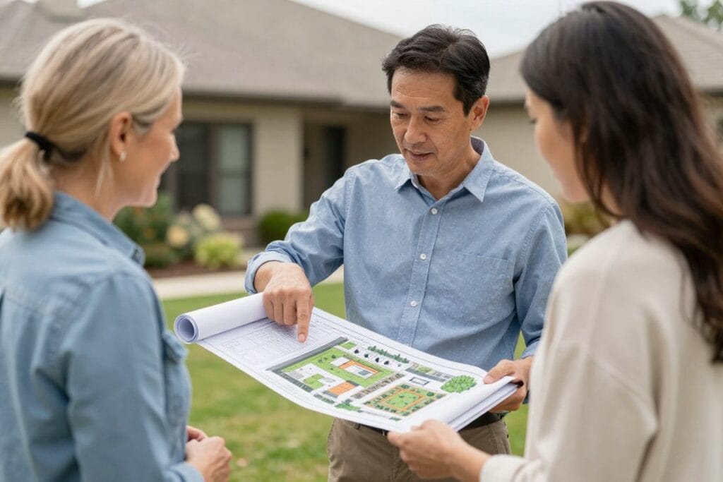 Landscape designer reviewing plans with homeowner outdoors