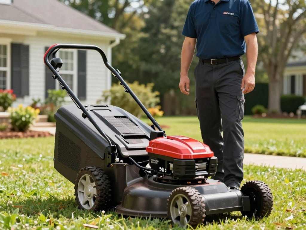Lawn care professional using commercial mower on residential property