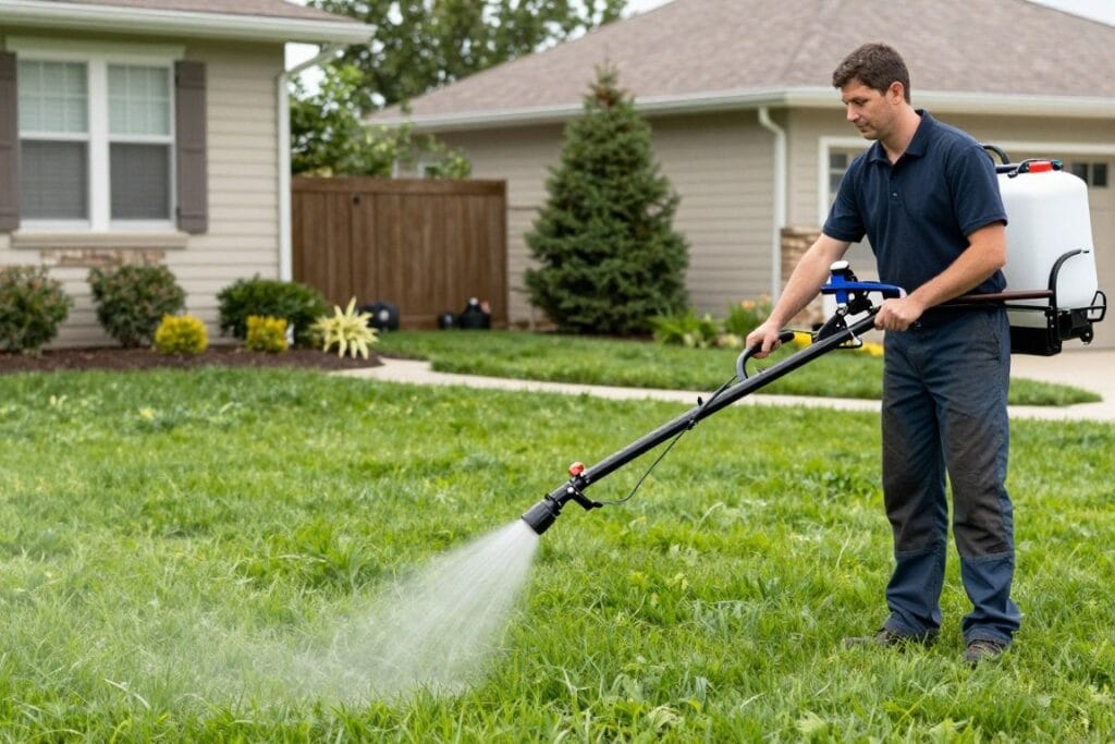 Professional applying fertilizer treatment to lawn