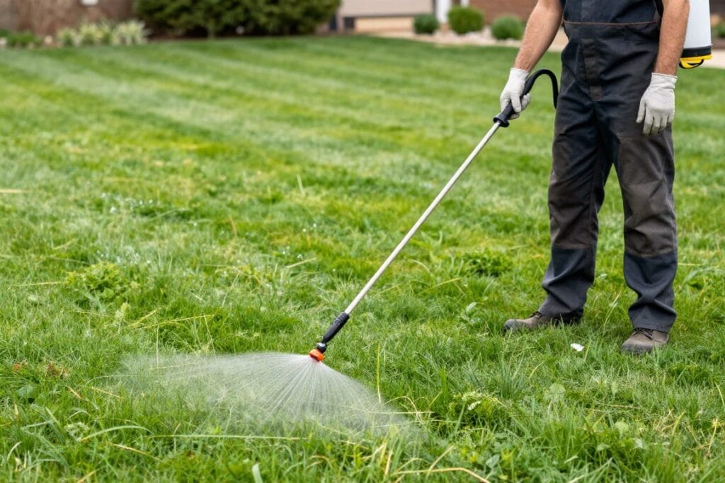 Professional applying weed control treatment to residential lawn