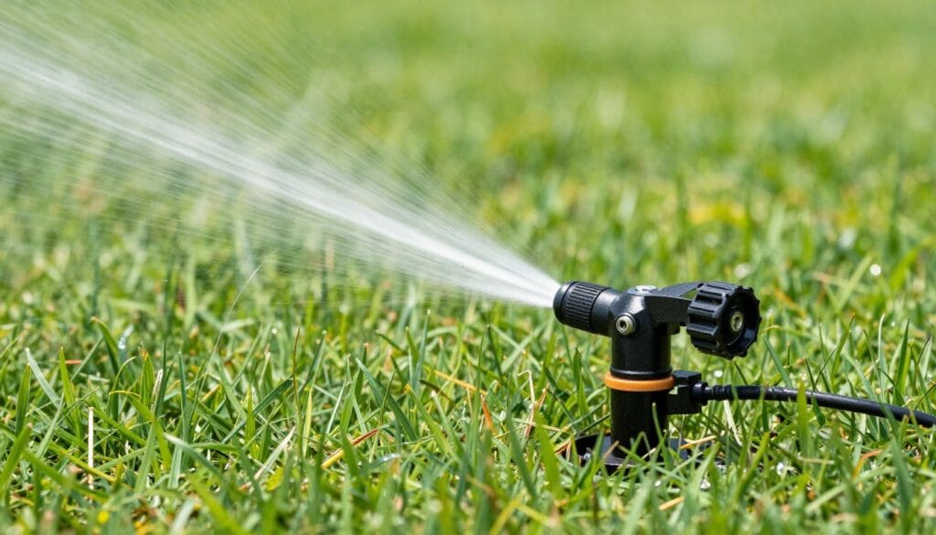 Professional irrigation system sprinkler head watering healthy green lawn
