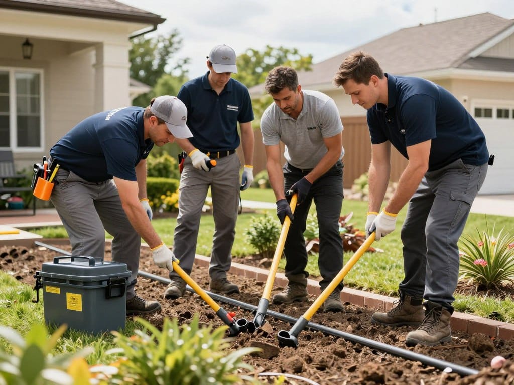 Professional landscaping team working on irrigation installation project