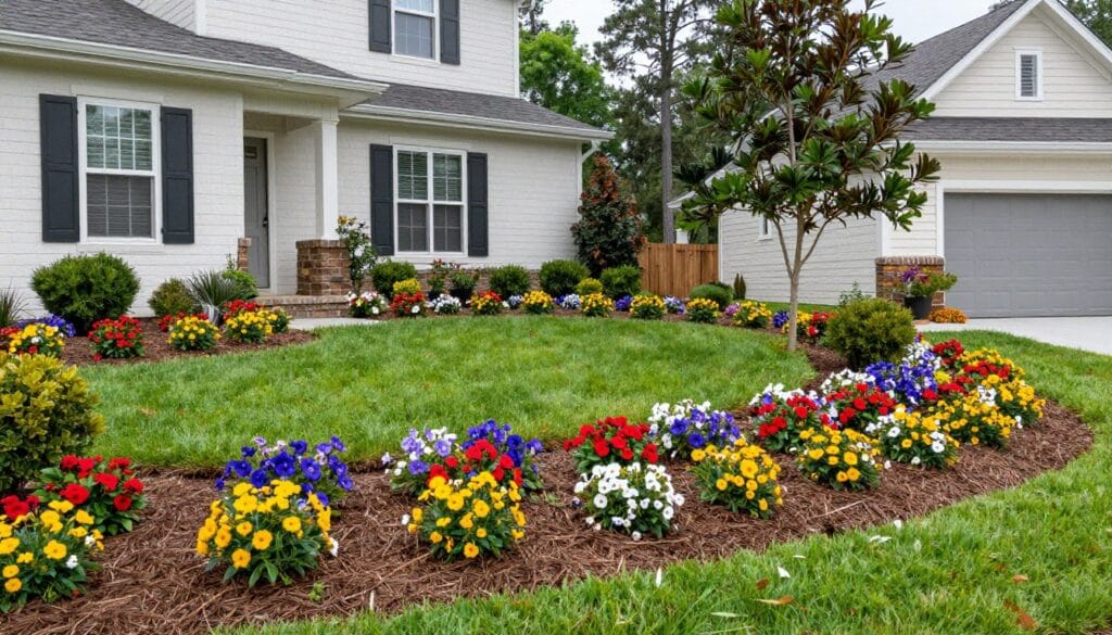 Professionally designed landscape with colorful garden beds and lawn