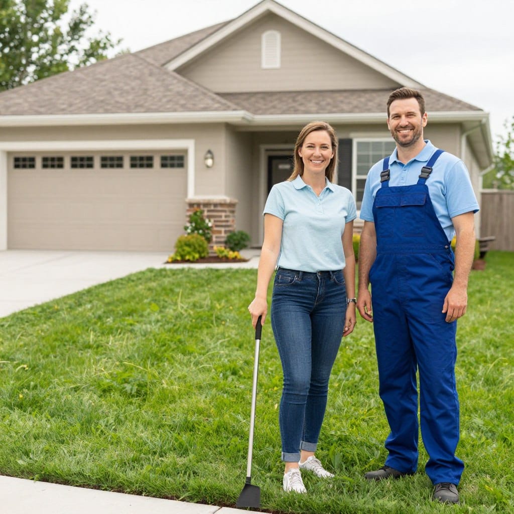 Satisfied homeowner reviewing lawn care results