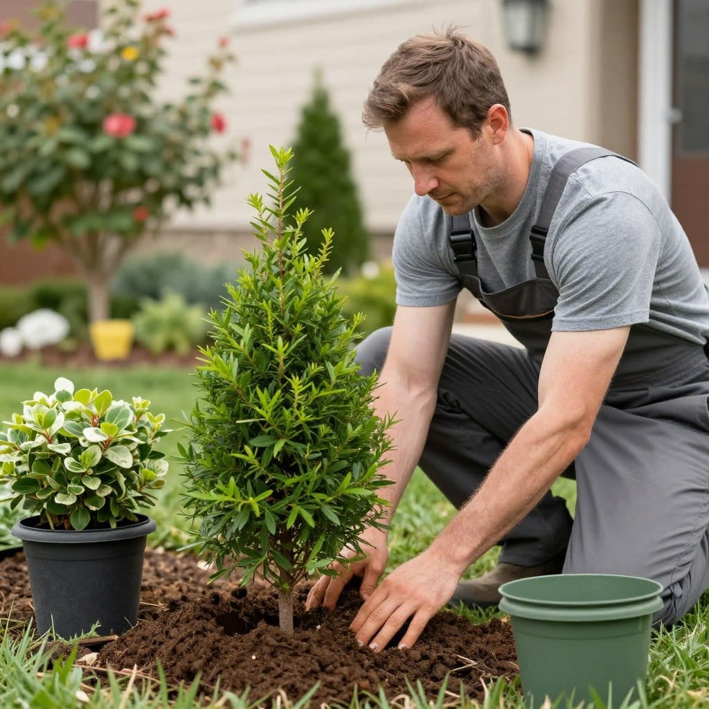 Shrub and tree planting by professional landscaper