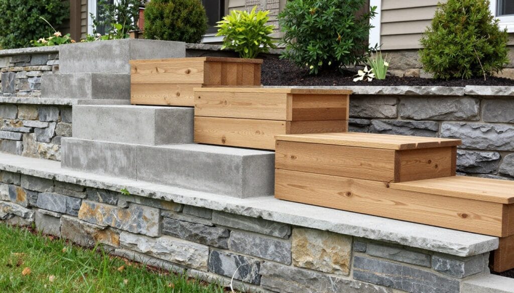 Various retaining wall materials and styles display