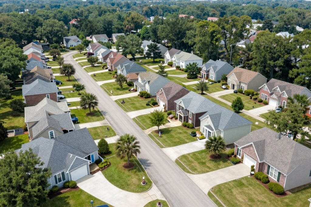 White Georgia residential neighborhood with maintained lawns