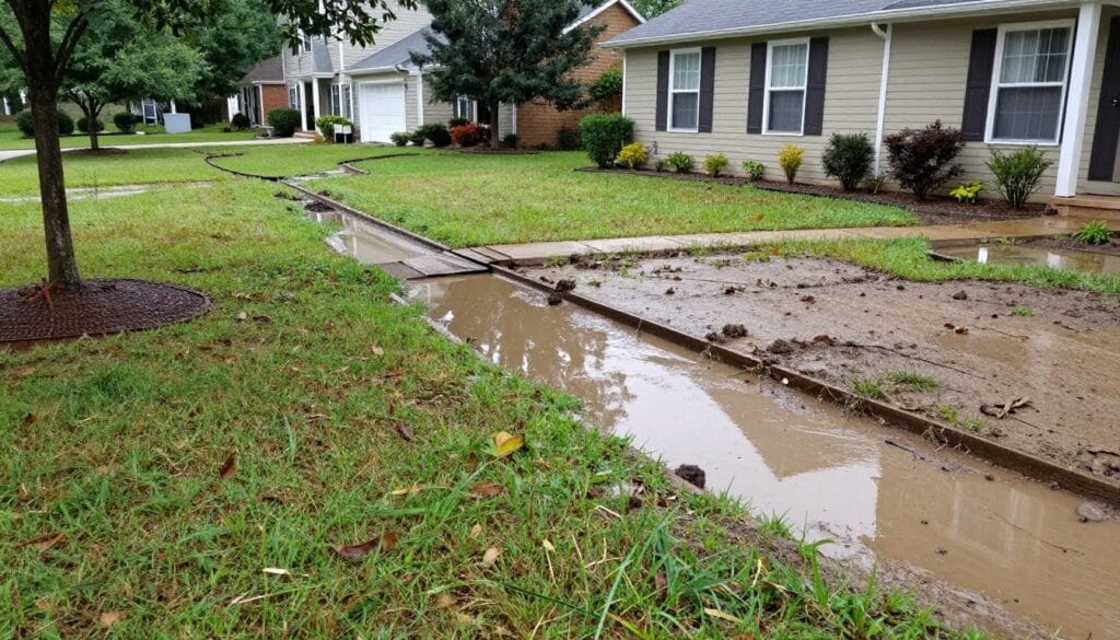 Yard with standing water problem requiring drainage solution