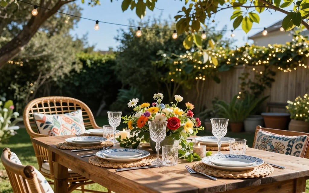 A beautifully arranged outdoor dining tablescape under a bright blue sky, featuring a rustic wooden table set for alfresco dining. In the foreground, showcase an elegant spread with artistic tableware, including delicate porcelain plates, crystal glassware, and woven placemats. Fresh seasonal flowers in vibrant colors serve as a centerpiece, surrounded by greenery and soft candlelight. In the middle ground, a cozy woven rattan chair pairs with decorative cushions for comfort, while string lights above create a warm, inviting ambiance. The background features lush foliage and soft twinkling fairy lights, enhancing the atmosphere of a serene garden escape. Soft natural sunlight filters through the leaves, casting gentle shadows, conveying a relaxed, joyous vibe perfect for outdoor gatherings.