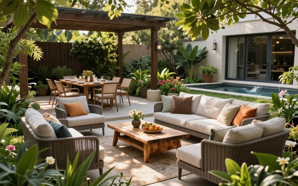 A beautifully designed custom outdoor living space featuring a cozy lounge area with elegant furniture, including a sectional sofa adorned with colorful cushions and a rustic wooden coffee table. In the foreground, a vibrant green garden filled with assorted plants and flowers adds a touch of nature. The middle ground showcases an inviting dining area with a large table set for a meal, surrounded by stylish chairs under a shaded pergola. In the background, a serene water feature gently flows, enhancing the tranquility. Soft, golden light filters through the leaves, creating dappled shadows. The scene has a relaxed, inviting atmosphere, perfect for gatherings or solitary moments of calm. The viewpoint is slightly elevated, capturing the entire space from a wide angle. No people are present in the image.