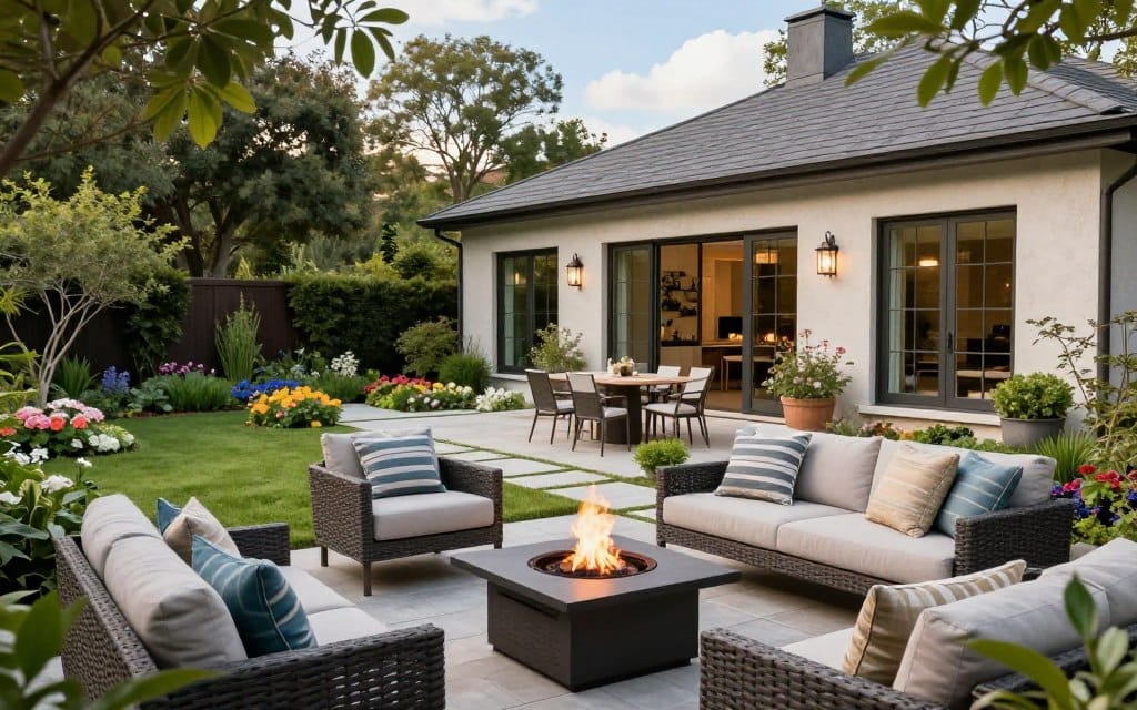 A beautifully designed custom outdoor living space that showcases the superiority of professional design over DIY options. In the foreground, a cozy seating area with stylish outdoor furniture, accent pillows, and a fire pit. The middle ground features a well-manicured garden with colorful flowers and elegant stone pathways, harmoniously leading to a spacious outdoor dining area. In the background, a modern home with large windows opening up to the outdoor space, framed by lush trees and a blue sky. Soft, natural lighting creates a welcoming atmosphere, highlighting the textures of the materials used. The scene embodies a sense of tranquility and sophistication, demonstrating the benefits of a carefully curated outdoor environment.
