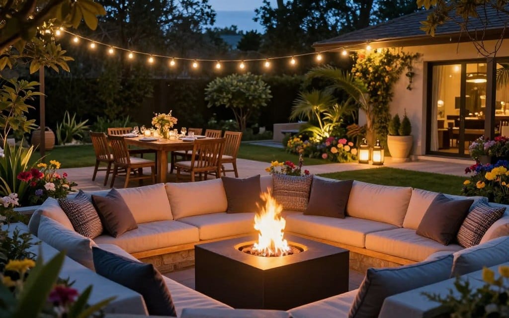 A beautifully designed outdoor living space at twilight, showcasing elegant lighting and fire features. In the foreground, a stylish fire pit surrounded by comfortable seating with plush cushions, softly illuminated by flickering flames. The middle layer features ambient string lights draped overhead, casting a warm glow on a rustic wooden dining table set for an evening gathering. Lush greenery and colorful flowers surround the area, enhancing the relaxed atmosphere. In the background, a serene garden contrasts with the vibrant glow from lanterns along a pathway. The image captures a cozy, inviting ambiance, perfect for socializing and relaxation. The scene is depicted from a slightly elevated angle, highlighting the interplay of light and shadows, emphasizing the charm and warmth of outdoor living.