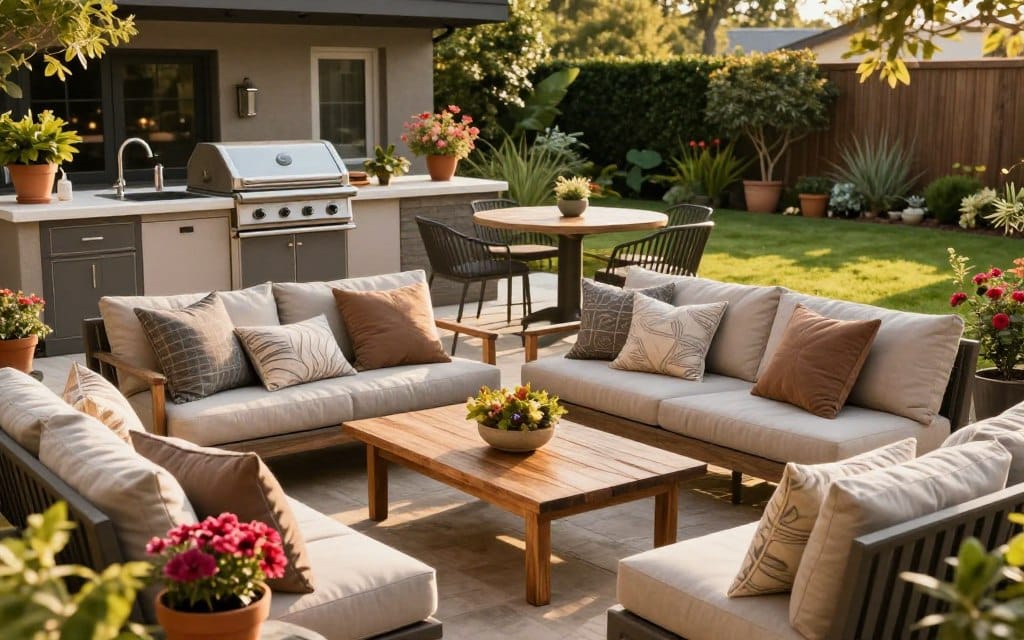 A beautifully designed outdoor living space, featuring a cozy seating area with plush cushions and elegant throw pillows, arranged around a rustic wooden coffee table. In the foreground, colorful potted plants add vibrancy. The middle ground showcases a stylish outdoor kitchen with sleek countertops, a built-in grill, and a small dining table adorned with a decorative centerpiece. Behind, a landscaped garden with lush green grass and flowering shrubs adds depth. The warm golden light of a late afternoon sun casts inviting shadows, creating a serene atmosphere. The scene is captured from a slightly elevated angle to highlight the layout and design, emphasizing comfort and tranquility in outdoor living spaces.