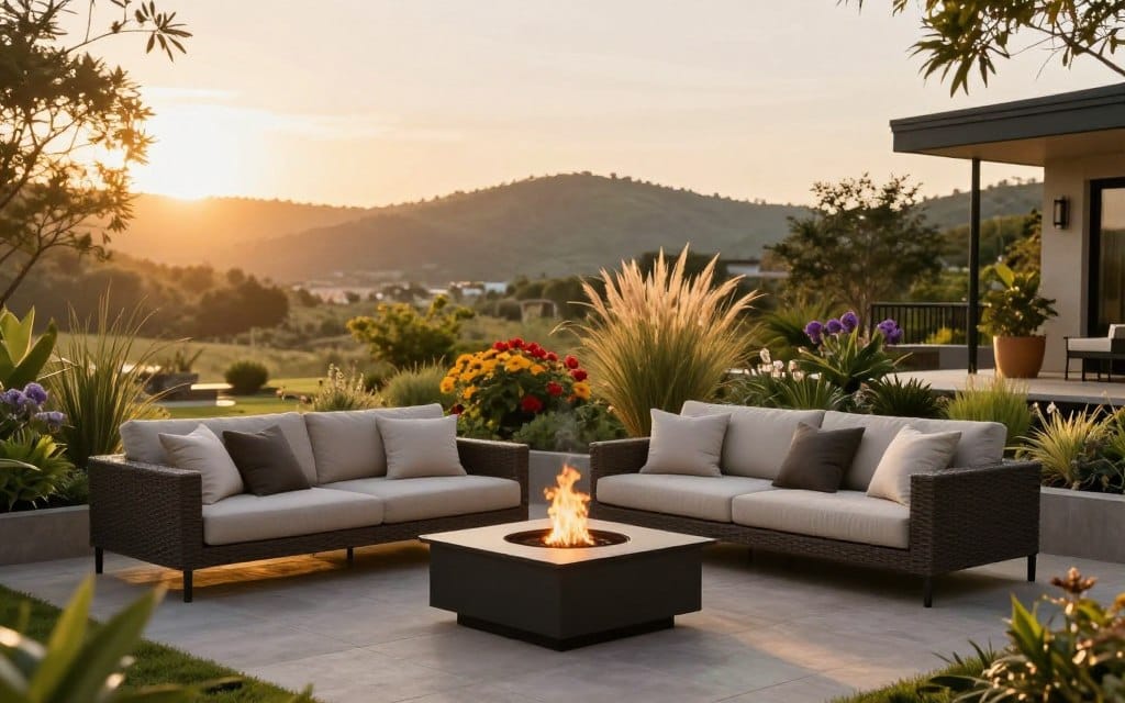 A beautifully designed outdoor living space featuring a modern patio with comfortable seating arrangements and a stylish fire pit in the foreground. The middle ground incorporates a lush garden with vibrant flowering plants and ornamental grasses, providing a natural backdrop. In the background, a serene landscape of gently rolling hills is bathed in warm, golden sunset lighting, creating a soft glow that enhances the inviting atmosphere. The image should be captured with a wide-angle lens to embrace the entirety of the landscape while maintaining focus on the patio area. Soft shadows and highlights will add depth, conveying a peaceful and harmonious mood ideal for relaxation and social gatherings.