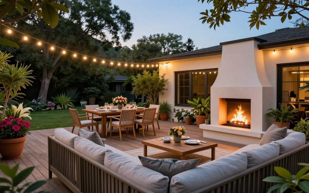 A beautifully designed outdoor living space in a serene backyard, featuring a stylish wooden deck adorned with vibrant potted plants and comfortable seating. In the foreground, a cozy sectional sofa with soft cushions faces a modern outdoor fireplace, surrounded by ambient string lights creating a warm atmosphere. In the middle, a dining area with a large wooden table set for a meal, complemented by elegant tableware and floral centerpieces. In the background, lush greenery and tall trees frame the space, while a clear blue sky adds to the inviting feel. The lighting is soft and golden, suggesting either early morning or late afternoon. Capture this scene from a slightly elevated angle to emphasize the layout and inviting nature of the outdoor space, evoking a sense of tranquility and enjoyment in the great outdoors.