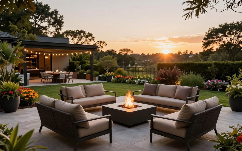 A beautifully designed outdoor living space showcases the ultimate enhancement of outdoor experiences. In the foreground, a stylish patio features elegant, weather-resistant furniture with plush cushions in soft earth tones. A sleek, modern fire pit radiates warmth, surrounded by an inviting seating arrangement. In the middle ground, lush greenery, thoughtfully arranged planters, and colorful flowering plants create a vibrant atmosphere, leading to a serene, tasteful dining area adorned with ambient string lights. In the background, a breathtaking sunset casts a golden glow over the scene, illuminating the tranquil ambiance. The image captures a wide-angle view from a slight elevation, highlighting the harmonious integration of nature and modern aesthetics, evoking a sense of relaxation and outdoor luxury. The mood is inviting and peaceful, perfect for gatherings or quiet moments.