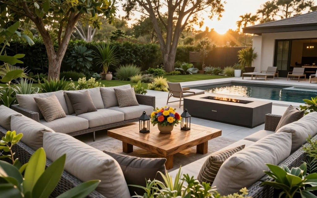 A beautifully designed outdoor living space showcasing a harmonious blend of comfort and style. In the foreground, a cozy seating area with plush, neutral-toned cushions on a sectional sofa surrounded by green potted plants. In the middle ground, a rustic wooden coffee table with decorative lanterns and a vibrant centerpiece of colorful flowers. To the side, a sleek modern fire pit surrounded by tasteful lounge chairs. The background features a lush garden with tall trees and a serene water feature, bathed in warm, golden hour lighting. The perspective is from a slightly elevated angle, capturing the inviting atmosphere of the space, perfect for relaxation and entertaining. The scene evinces tranquility and sophistication, encouraging appreciation for nature and well-designed living.
