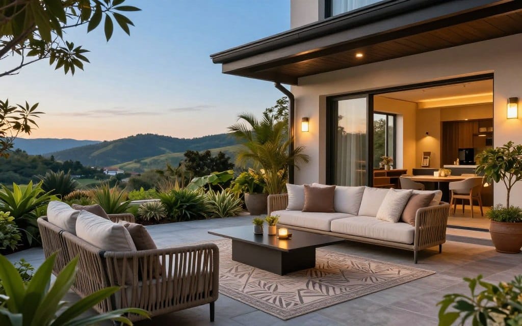 A beautifully designed outdoor living space that seamlessly blends indoor comfort with nature, showcasing a cozy seating area with plush cushions and a stylish outdoor rug. The foreground features a modern, woven patio set surrounded by lush greenery and potted plants. In the middle, a sleek outdoor coffee table rests on a stone patio, while ambient lighting fixtures hang overhead, creating a warm glow as the sun sets. The background reveals a picturesque view of rolling hills and a clear blue sky, enhancing the tranquil atmosphere. Capture this scene with a wide-angle lens to emphasize the spaciousness, with soft, golden hour lighting to evoke a serene and inviting mood. The overall composition reflects a sophisticated, yet relaxing outdoor retreat, perfect for entertaining or unwinding.