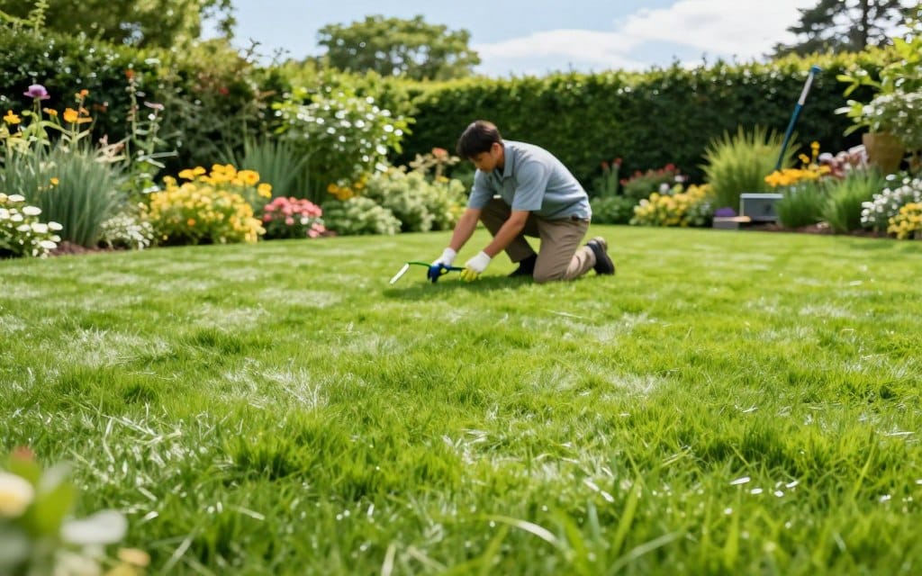 A beautifully manicured lush green lawn stretches across the foreground, vivid and thriving with various shades of green. In the middle, a professional lawn care expert in smart casual attire, equipped with gardening tools, kneels while examining the grass closely, embodying a sense of dedication and knowledge. In the background, a picturesque garden setting features a variety of flowers and neatly trimmed hedges under clear blue skies, with soft natural lighting accentuating the vibrant colors. The scene conveys a serene, inviting mood, evoking a feeling of tranquility and expert harmony in nature. The perspective is slightly elevated, offering a comprehensive view of the lawn and the expert at work, framed by the lush surroundings, illustrating the secrets behind achieving a perfect lawn.
