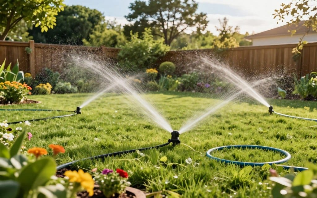 A detailed overview of diverse lawn irrigation system options, including drip irrigation, sprinkler systems, and soaker hoses, strategically arranged in a lush green garden setting. In the foreground, vibrant flowering plants showcase a drip irrigation system with visible tubing and emitters. The middle ground features a well-maintained lawn with a pop-up sprinkler system actively watering the grass, creating a gentle mist. In the background, a wooden fence complements the garden, surrounded by tall trees under a sunny blue sky. The scene is illuminated by warm, natural lighting, conveying a peaceful, refreshing atmosphere. The camera angle is slightly elevated, capturing a broad view that emphasizes the harmony between technology and nature, while ensuring the absence of any text or watermarks.
