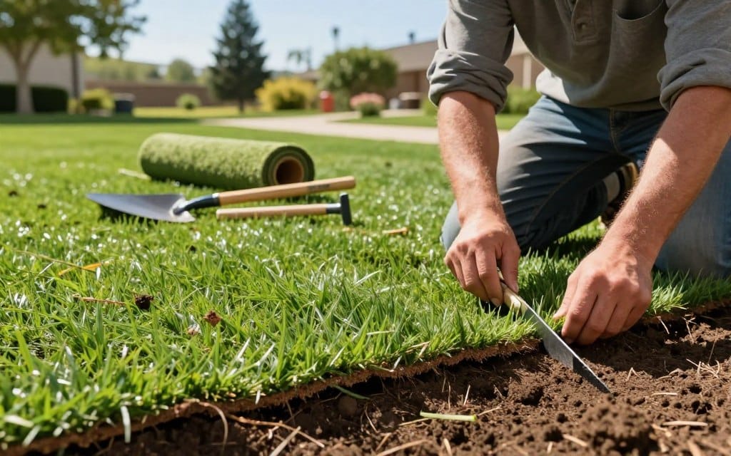 A detailed scene depicting the sod installation process, focusing on a professional landscaper in modest casual attire, kneeling on fresh soil and laying down vibrant green sod pieces. In the foreground, show hands expertly cutting and aligning the sod sections to fit seamlessly. The middle ground features an open roll of sod next to various gardening tools like a spade and a rake. The background includes a neatly manicured yard with a few trees and a clear blue sky, suggesting a sunny day. Soft sunlight casts gentle shadows, enhancing the vivid colors of the grass and soil. Capture the atmosphere of hard work and transformation, emphasizing a feeling of accomplishment and satisfaction in creating a beautiful lawn. A detailed scene depicting the sod installation process, focusing on a professional landscaper in modest casual attire, kneeling on fresh soil and laying down vibrant green sod pieces. In the foreground, show hands expertly cutting and aligning the sod sections to fit seamlessly. The middle ground features an open roll of sod next to various gardening tools like a spade and a rake. The background includes a neatly manicured yard with a few trees and a clear blue sky, suggesting a sunny day. Soft sunlight casts gentle shadows, enhancing the vivid colors of the grass and soil. Capture the atmosphere of hard work and transformation, emphasizing a feeling of accomplishment and satisfaction in creating a beautiful lawn.