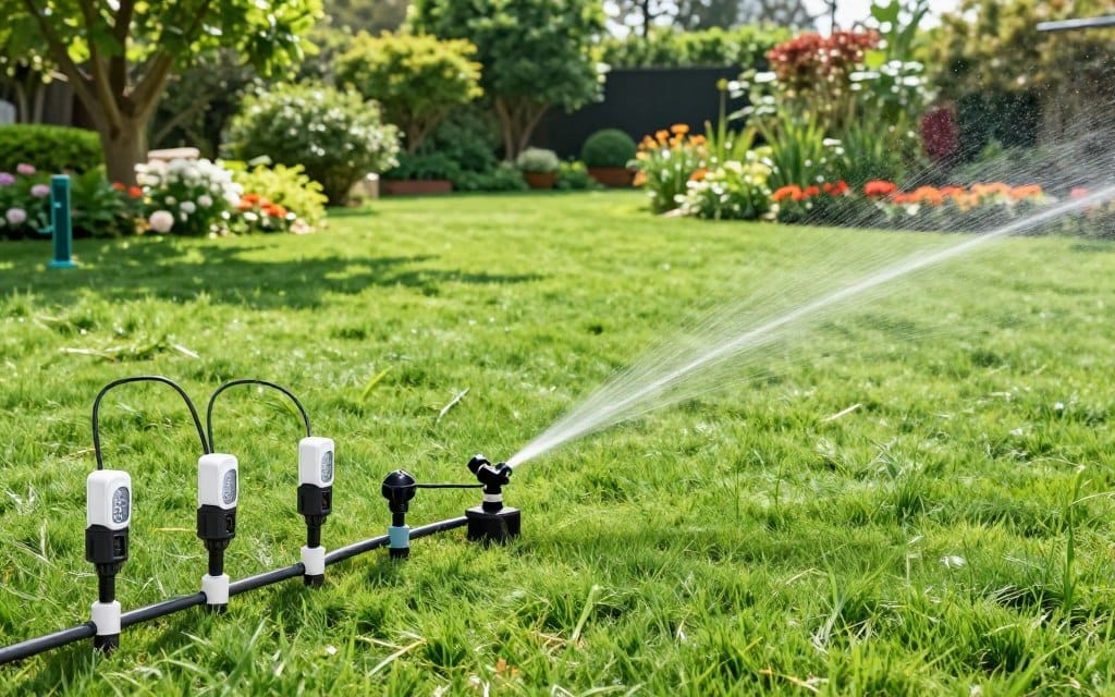 A high-resolution illustration showcasing the key components of an efficient irrigation system. In the foreground, include detailed elements like drip emitters, sprinkler heads, and moisture sensors, all arranged systematically. The middle ground should feature a well-maintained lawn with vibrant grass, demonstrating the effectiveness of the irrigation. In the background, depict a serene garden landscape with trees and flower beds, conveying a lush, nurturing atmosphere. Use natural sunlight to create soft shadows, highlighting the textures of the grass and soil. The camera angle should be slightly elevated, capturing a comprehensive view of the system’s layout. Aim for an informative yet inviting mood, emphasizing the harmony between technology and nature, ensuring the image remains clear and professional without any text or distractions. A high-resolution illustration showcasing the key components of an efficient irrigation system. In the foreground, include detailed elements like drip emitters, sprinkler heads, and moisture sensors, all arranged systematically. The middle ground should feature a well-maintained lawn with vibrant grass, demonstrating the effectiveness of the irrigation. In the background, depict a serene garden landscape with trees and flower beds, conveying a lush, nurturing atmosphere. Use natural sunlight to create soft shadows, highlighting the textures of the grass and soil. The camera angle should be slightly elevated, capturing a comprehensive view of the system’s layout. Aim for an informative yet inviting mood, emphasizing the harmony between technology and nature, ensuring the image remains clear and professional without any text or distractions.