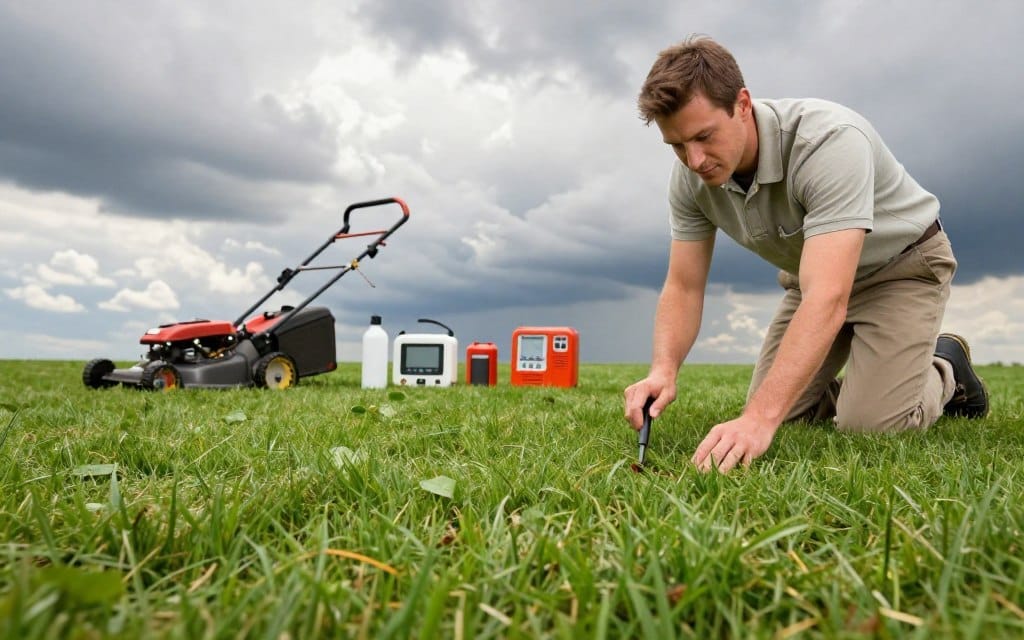 A lush green lawn occupies the foreground, with a professional lawn care expert in modest casual attire carefully inspecting the grass for pests. In the middle ground, a variety of tools are displayed, including a mower, pest control spray, and weather monitoring instruments, indicating the challenges of lawn management. The background features a dramatic sky, showing changing weather conditions with dark clouds and bright sunlight breaking through, symbolizing the unpredictability of nature. Soft, diffused lighting highlights the textures of the grass and equipment, creating a balanced, optimistic atmosphere. The angle is slightly elevated to capture a comprehensive view of the scene, showcasing the importance of managing environmental factors in lawn care. A lush green lawn occupies the foreground, with a professional lawn care expert in modest casual attire carefully inspecting the grass for pests. In the middle ground, a variety of tools are displayed, including a mower, pest control spray, and weather monitoring instruments, indicating the challenges of lawn management. The background features a dramatic sky, showing changing weather conditions with dark clouds and bright sunlight breaking through, symbolizing the unpredictability of nature. Soft, diffused lighting highlights the textures of the grass and equipment, creating a balanced, optimistic atmosphere. The angle is slightly elevated to capture a comprehensive view of the scene, showcasing the importance of managing environmental factors in lawn care.