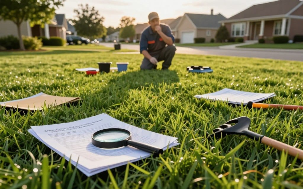 A lush, green lawn serves as the foreground, filled with hidden treasures like a magnifying glass revealing a lawn care manual and gardening tools hidden among the grass blades. In the middle ground, a lawn care technician in professional attire inspects the lawn with a thoughtful expression, surrounded by scattered documents highlighting questionable practices. In the background, a well-maintained suburban neighborhood is visible, under soft, natural lighting during the golden hour, casting long shadows. This serene yet slightly mysterious scene evokes a sense of discovery, hinting at the hidden truths of lawn care services without overt negativity. The perspective is slightly tilted to create depth and intrigue, encouraging the viewer to delve into the layers of the image.