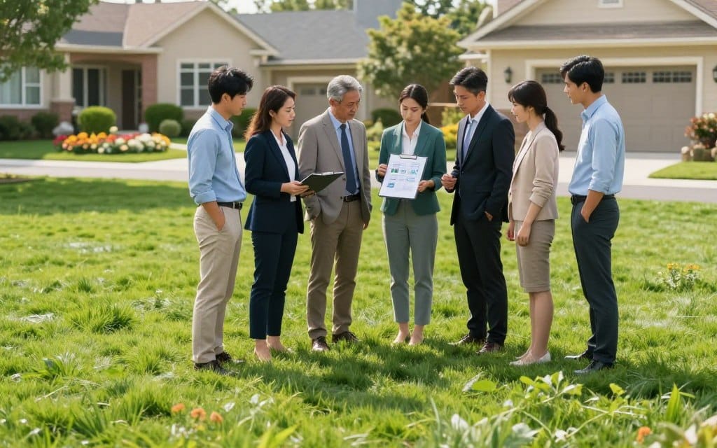 A lush green lawn spread across the foreground, showcasing different grass types and textures. In the middle, a diverse group of professionals—men and women dressed in smart casual attire—gather around a clipboard filled with charts and graphs. They are engaged in a serious discussion about lawn maintenance pricing and quality indicators. Behind them, a serene suburban landscape with well-maintained homes and colorful flower beds emphasizes the importance of lawn care. Soft natural lighting casts gentle shadows, highlighting the professionals' focused expressions. The composition captures a mood of analysis and insight, inviting the viewer to consider the nuances of lawn maintenance.
