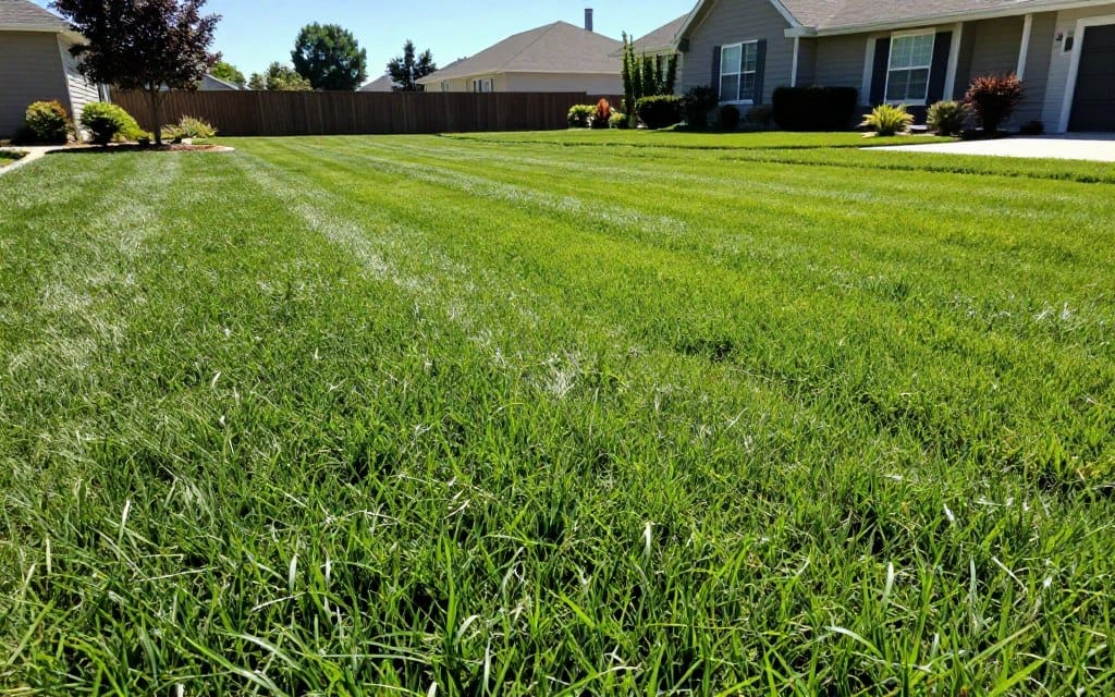 A lush, green sod lawn in perfect condition, filling the foreground with vibrant details of individual grass blades glistening in sunlight. In the middle ground, a seamless transition from newly installed sod to traditional deliberately patchy grass, illustrating the stark contrast in vibrancy. A sunny day with bright blue skies, casting warm natural light, enhancing the image's inviting atmosphere. In the background, a suburban home with well-maintained landscaping, showcasing the positive impact of a new sod lawn on overall property aesthetics. The angle should be slightly elevated, capturing the expansive view of the lawn while conveying a sense of freshness and rejuvenation. The overall mood is cheerful and uplifting, emphasizing the beauty and benefits of a newly installed sod lawn. A lush, green sod lawn in perfect condition, filling the foreground with vibrant details of individual grass blades glistening in sunlight. In the middle ground, a seamless transition from newly installed sod to traditional deliberately patchy grass, illustrating the stark contrast in vibrancy. A sunny day with bright blue skies, casting warm natural light, enhancing the image's inviting atmosphere. In the background, a suburban home with well-maintained landscaping, showcasing the positive impact of a new sod lawn on overall property aesthetics. The angle should be slightly elevated, capturing the expansive view of the lawn while conveying a sense of freshness and rejuvenation. The overall mood is cheerful and uplifting, emphasizing the beauty and benefits of a newly installed sod lawn.