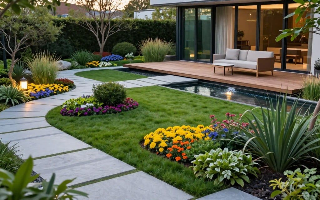 A modern landscape design concept for a futuristic home in 2026, showcasing a lush green yard with geometric flower beds, sustainable materials, and innovative water features. In the foreground, there are vibrant perennial plants in unique arrangements, complemented by a sleek stone pathway leading to a stylish patio area. The middle ground features a minimalist wooden deck with tasteful outdoor furniture, surrounded by ornamental grasses and decorative shrubs. In the background, a sleek glass house is partially visible, harmonizing with the natural elements. Soft, warm lighting illuminates the scene at golden hour, enhancing the inviting atmosphere. The composition is captured from a slightly elevated angle, providing a sense of depth and showcasing the intricate layout of the landscape.