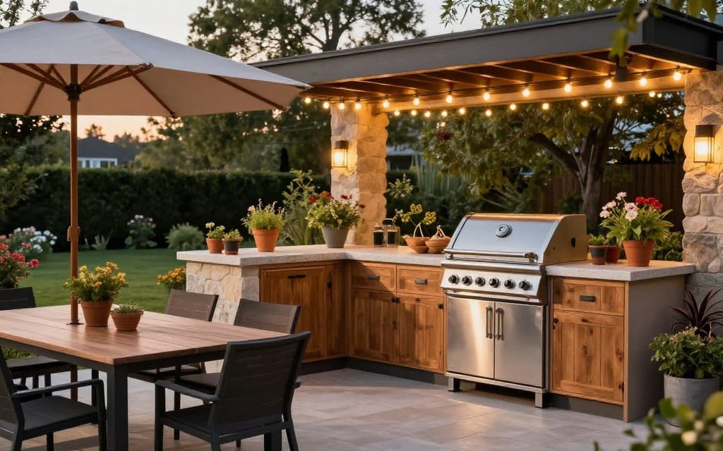 A modern outdoor kitchen area set in a lush backyard, featuring a sleek stainless steel grill, a stylish countertop made of polished stone, and elegant wooden cabinetry. In the foreground, an inviting dining table with high-quality outdoor chairs sits under a large, shaded umbrella. The middle ground showcases the kitchen area, adorned with potted herbs and vibrant plants, while sparkling string lights create a warm, cozy ambiance. The background reveals a serene landscape with green trees and blooming flowers. Soft, golden hour lighting illuminates the scene, enhancing the inviting atmosphere. The angle captures the kitchen from a slightly elevated perspective, emphasizing its design and functionality, ideal for entertaining guests or family gatherings.