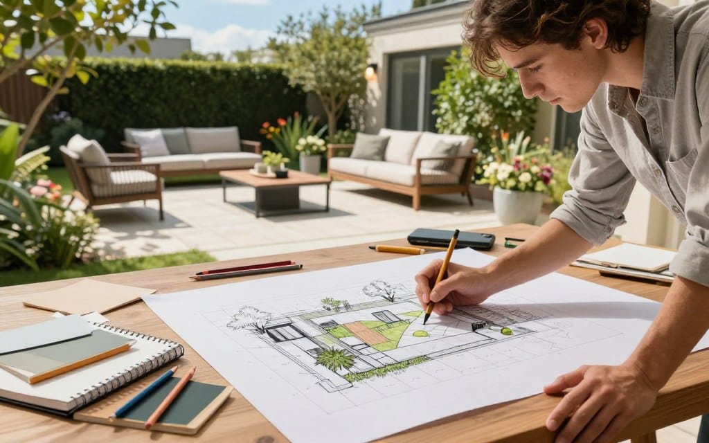 A professional landscape designer carefully sketches a step-by-step guide for designing custom outdoor living spaces on a large canvas in a bright, well-lit backyard setting. In the foreground, a well-organized workspace features design tools, including a notebook, colored pencils, and samples of outdoor materials. In the middle ground, a beautifully landscaped patio with stylish outdoor furniture, greenery, and decorative elements is visible, showcasing the final design ideas. The background reveals a serene garden with flowering plants and a clear blue sky. The lighting is warm and inviting, creating a relaxed and creative atmosphere. The camera angle is slightly elevated, offering a comprehensive view of the designer’s process while maintaining focus on the design work.
