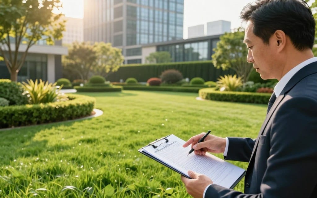 A professional landscape designer discussing strategies with a business owner in a well-manicured commercial lawn. The foreground features the designer, a middle-aged person in smart business attire, pointing at a clipboard filled with notes. The middle background showcases lush green grass, neatly trimmed hedges, and ornamental plants, illustrating a well-maintained environment. In the background, a modern office building looms, hinting at the commercial nature of the setting. Natural sunlight filters through the trees, casting warm golden light, creating an inviting and professional atmosphere. The scene conveys a sense of expert collaboration and attention to detail, focusing on the importance of quality lawn maintenance. A professional landscape designer discussing strategies with a business owner in a well-manicured commercial lawn. The foreground features the designer, a middle-aged person in smart business attire, pointing at a clipboard filled with notes. The middle background showcases lush green grass, neatly trimmed hedges, and ornamental plants, illustrating a well-maintained environment. In the background, a modern office building looms, hinting at the commercial nature of the setting. Natural sunlight filters through the trees, casting warm golden light, creating an inviting and professional atmosphere. The scene conveys a sense of expert collaboration and attention to detail, focusing on the importance of quality lawn maintenance.