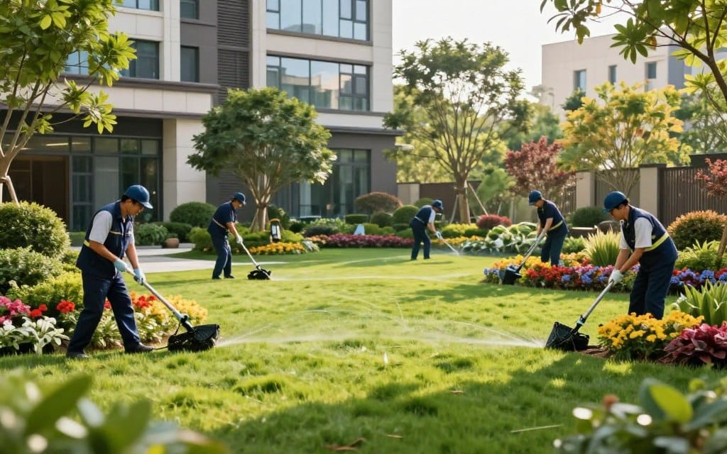 A professional landscape maintenance scenario for commercial properties, focusing on the diverse tasks required to maintain a vibrant outdoor space throughout the seasons. In the foreground, a team of skilled workers in professional attire is performing various maintenance activities, such as pruning shrubs, trimming grass, and inspecting irrigation systems. In the middle ground, a well-manicured lawn with colorful flower beds and healthy trees showcases the results of consistent care. The background features a modern commercial building, with large windows reflecting sunlight, indicating a thriving business environment. Soft, natural lighting enhances the vibrant colors of the plants while casting gentle shadows. The mood is productive and organized, highlighting that ongoing maintenance is essential for property aesthetics and health.