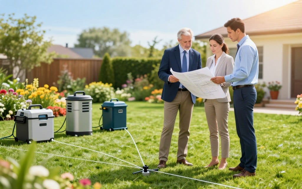 A professional outdoor scene depicting a team of lawn irrigation experts consulting with a homeowner in a vibrant, well-maintained garden. In the foreground, the experts, dressed in smart business attire, are examining blueprints and discussing irrigation options. The middle ground features an array of modern irrigation equipment and lush green grass, illustrating the various technologies available. The background showcases colorful flower beds and a clear blue sky with soft, diffused sunlight illuminating the scene, creating a warm and inviting atmosphere. The angle should be slightly angled to capture both the engaging discussion and the flourishing landscape, conveying a sense of trust and professionalism in choosing reliable lawn irrigation services. A professional outdoor scene depicting a team of lawn irrigation experts consulting with a homeowner in a vibrant, well-maintained garden. In the foreground, the experts, dressed in smart business attire, are examining blueprints and discussing irrigation options. The middle ground features an array of modern irrigation equipment and lush green grass, illustrating the various technologies available. The background showcases colorful flower beds and a clear blue sky with soft, diffused sunlight illuminating the scene, creating a warm and inviting atmosphere. The angle should be slightly angled to capture both the engaging discussion and the flourishing landscape, conveying a sense of trust and professionalism in choosing reliable lawn irrigation services.