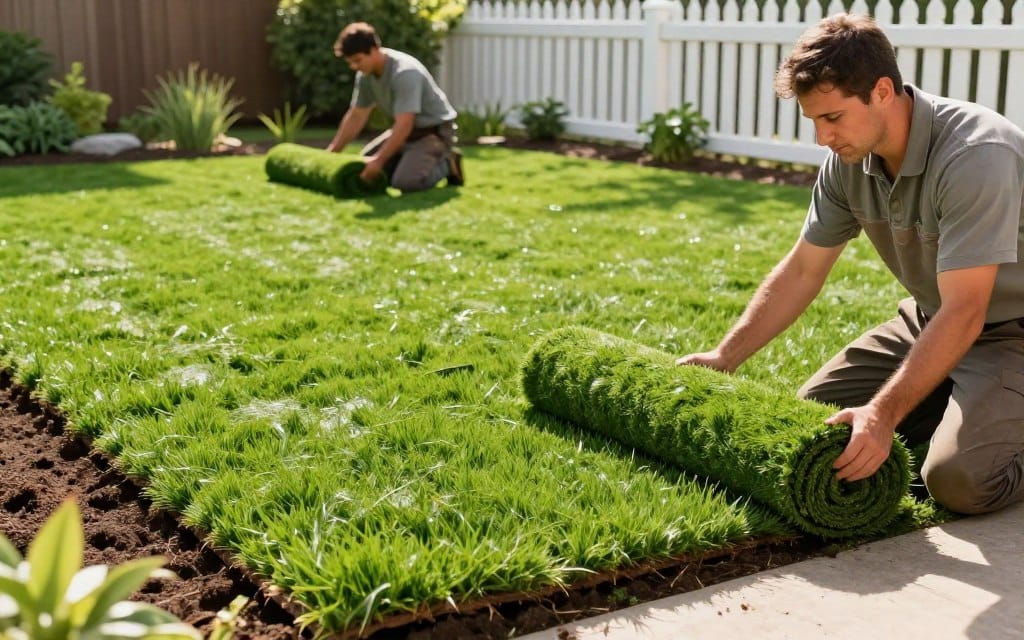 A professional sod installation service in action, showcasing two skilled technicians in modest work attire, carefully laying fresh, vibrant green sod in a sunny residential backyard. In the foreground, focus on the technicians working with precision, kneeling on the ground as they position the rolled sod pieces. The middle ground features neat rows of newly installed sod, with rich, dark soil visible at the edges. In the background, a well-maintained garden and a white picket fence create an inviting atmosphere, while the sunlight casts warm rays, enhancing the lush colors of the lawn. The angle captures the depth of the lawn while emphasizing the professionalism and skill of the workers, conveying a mood of satisfaction and instant curb appeal. A professional sod installation service in action, showcasing two skilled technicians in modest work attire, carefully laying fresh, vibrant green sod in a sunny residential backyard. In the foreground, focus on the technicians working with precision, kneeling on the ground as they position the rolled sod pieces. The middle ground features neat rows of newly installed sod, with rich, dark soil visible at the edges. In the background, a well-maintained garden and a white picket fence create an inviting atmosphere, while the sunlight casts warm rays, enhancing the lush colors of the lawn. The angle captures the depth of the lawn while emphasizing the professionalism and skill of the workers, conveying a mood of satisfaction and instant curb appeal.