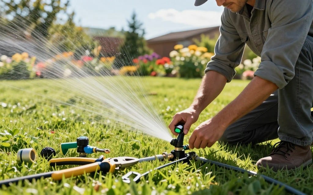 A professional technician in a modest casual outfit is installing a modern sprinkler system in a lush, green lawn. In the foreground, the technician is kneeling, carefully connecting pipes and adjusting spray heads, showcasing expertise in irrigation. In the middle ground, various tools such as pliers, a wrench, and sprayers are neatly arranged on the grass. The background features a vibrant garden with colorful flowers and distant trees under a clear blue sky. The scene is illuminated by warm, natural sunlight, creating a bright and inviting atmosphere. The composition captures the precision and care involved in lawn irrigation services, emphasizing both installation and maintenance. The angle is a slightly elevated perspective, providing a comprehensive view of the technician at work. A professional technician in a modest casual outfit is installing a modern sprinkler system in a lush, green lawn. In the foreground, the technician is kneeling, carefully connecting pipes and adjusting spray heads, showcasing expertise in irrigation. In the middle ground, various tools such as pliers, a wrench, and sprayers are neatly arranged on the grass. The background features a vibrant garden with colorful flowers and distant trees under a clear blue sky. The scene is illuminated by warm, natural sunlight, creating a bright and inviting atmosphere. The composition captures the precision and care involved in lawn irrigation services, emphasizing both installation and maintenance. The angle is a slightly elevated perspective, providing a comprehensive view of the technician at work.