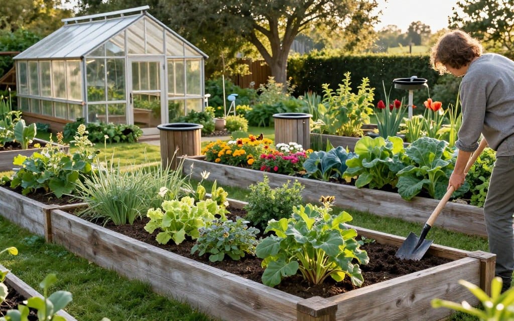 A serene eco-friendly garden landscape featuring a variety of native plants and vegetables, carefully arranged in raised beds made from reclaimed wood. In the foreground, a person in modest casual clothing tends to the garden, using a traditional hand trowel. The middle ground features vibrant flower patches attracting bees and butterflies, while also showcasing a small compost bin and rainwater collection system. In the background, a small greenhouse constructed from glass and reclaimed materials stands under soft, natural daylight, with trees and a distant fence made from natural materials partially visible. The atmosphere is tranquil and inviting, with golden sunlight casting gentle shadows, evoking a sense of harmony between nature and sustainable gardening practices.