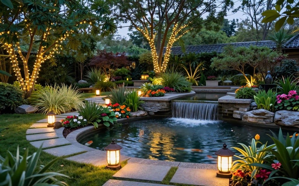 A serene garden at dusk featuring an elegantly designed water feature, such as a cascading fountain or koi pond, surrounded by lush greenery. In the foreground, soft lanterns cast a warm glow on the stepping stones leading to the water. The middle ground displays various plants, including vibrant flowers and ornamental grasses, illuminated by subtle landscape lighting that highlights their textures. In the background, tall trees create a canopy, with twinkling fairy lights interwoven through the branches, adding to the enchanting atmosphere. The scene is captured with a wide-angle lens to showcase depth, and the soft, ambient lighting enhances the tranquility and charm of the space, inviting viewers to imagine themselves in this peaceful retreat.