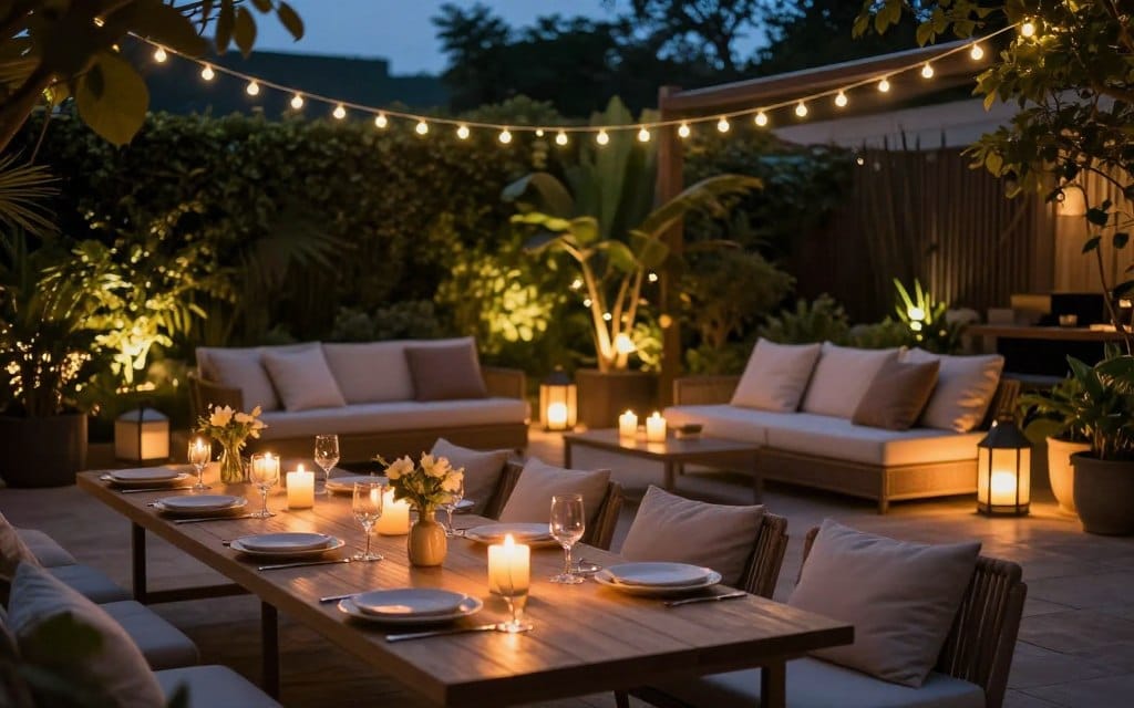 A serene outdoor living space at twilight, featuring soft ambient lighting that creates a cozy atmosphere. In the foreground, an elegantly set table with flickering candles and tasteful string lights draped overhead. In the middle ground, inviting lounge furniture adorned with plush cushions, surrounded by subtle lanterns casting a warm glow. In the background, lush greenery softly illuminated by hidden spotlights, enhancing the garden's beauty. The scene is viewed from a low angle, capturing the inviting details and the enchanting interplay of light and shadow, evoking a tranquil evening ambiance. The overall mood is inviting, romantic, and perfect for intimate gatherings.