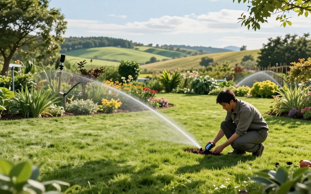 A tranquil landscape showcasing a well-maintained lawn with varying shades of green, illustrating the complexities of irrigation needs. In the foreground, a professional landscape technician in modest casual clothing examines soil moisture with a moisture meter, emphasizing the connection to lawn health. The middle ground features a vibrant garden with a mix of flowering plants and a drip irrigation system, demonstrating efficient water use. In the background, rolling hills under a bright blue sky suggest expansive terrain, with distant trees creating a natural backdrop. Soft sunlight filters through the trees, casting gentle shadows on the ground, creating a calm and informative atmosphere. The camera angle captures the scene at eye level, immersing the viewer in the landscape, inviting them to appreciate the intricate balance of nature and irrigation. A tranquil landscape showcasing a well-maintained lawn with varying shades of green, illustrating the complexities of irrigation needs. In the foreground, a professional landscape technician in modest casual clothing examines soil moisture with a moisture meter, emphasizing the connection to lawn health. The middle ground features a vibrant garden with a mix of flowering plants and a drip irrigation system, demonstrating efficient water use. In the background, rolling hills under a bright blue sky suggest expansive terrain, with distant trees creating a natural backdrop. Soft sunlight filters through the trees, casting gentle shadows on the ground, creating a calm and informative atmosphere. The camera angle captures the scene at eye level, immersing the viewer in the landscape, inviting them to appreciate the intricate balance of nature and irrigation.